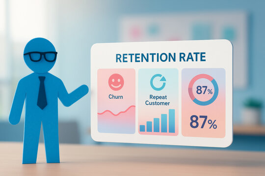 Retention rate business concept symbolizing customer loyalty and repeat customer with data chart in modern office environment