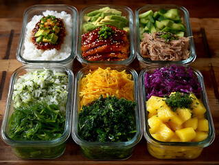 a food photograph showcasing a vibrant hawaiian lunch spread with various dishes including loco moco, poke bowls, kalua pig, and laulau on a wooden table.