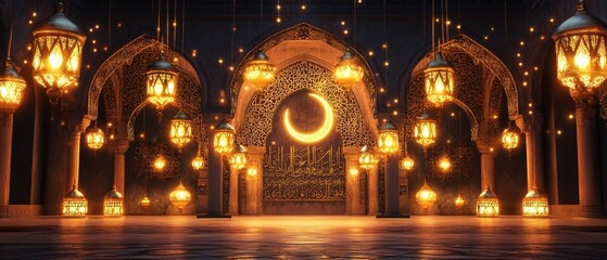 Fototapeta premium Illuminated mosque interior with crescent moon and lanterns.