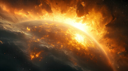Obraz premium Fiery celestial orb engulfed in cosmic flames.