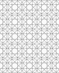 This composition features a detailed pattern of interlinked geometric shapes, emphasizing symmetry and precision across a grid layout