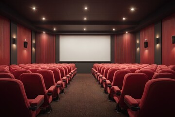 Empty movie theater interior.  Rows of red seats face a large blank screen.  Dark, rich tones