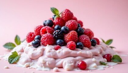 a vibrant mound of mixed berries, glistening with a light dew, sits atop a cloud of frozen dairy. the berries offer a burst of tangy sweetness, their juices mingling with the cool, smooth dairy