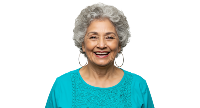 Joyful elderly Hispanic woman with gray hair and hoop earrings, wearing a bright turquoise top, smiling warmly in front of a black background, embodying happiness and resilience.