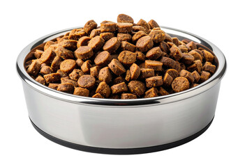 Untitled design - Shiny Metal Bowl with Crunchy Cat Food, isolated on a transparent background
