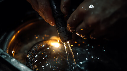 Hands Adjusting a Faucet with Running Water