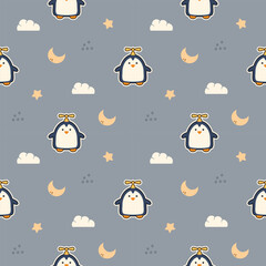 Penguin fly cartoon so cute. On star moon cloud background. Pattern seamless vector illustration. 