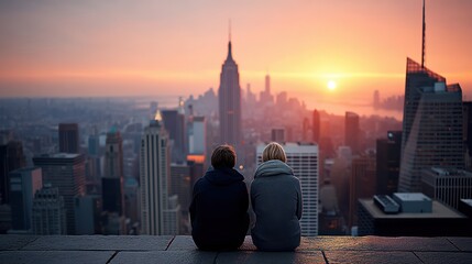 Obraz premium Two people sit together overlooking a city skyline at sunset, with skyscrapers and a glowing sky in the background.