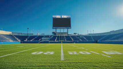 Empty football stadium with scoreboard under a bright blue sky.