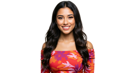 A portrait of a young Hispanic woman in a colorful floral off-the-shoulder dress, smiling brightly against a solid black background, exuding confidence and warmth.