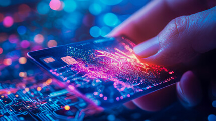 Futuristic Finance: Conceptual credit card with glowing circuit patterns for modern banking and digital transaction, symbolizing security and fintech innovation.