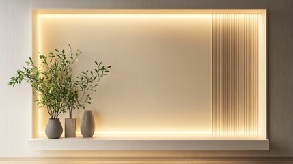 Minimalist alcove display with subtle lighting and greenery