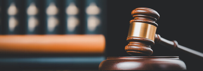wooden gavel rests on table, symbolizing justice and authority, with law books in background. scene conveys sense of legal proceedings and decision making