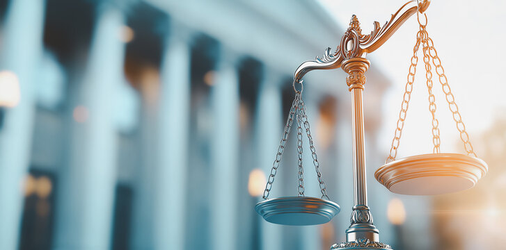 image features close up of scales of justice against blurred background of classical columns, symbolizing fairness and law. warm lighting adds sense of hope and integrity