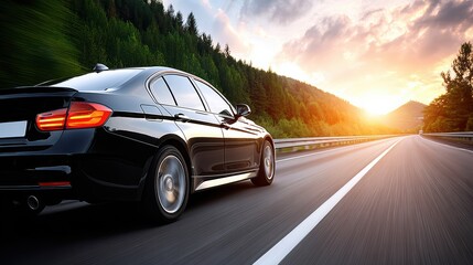 A sleek black car drives down an open highway at sunset, surrounded by green hills and a dramatic sky.