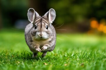 A gray chinchilla runs through green grass.