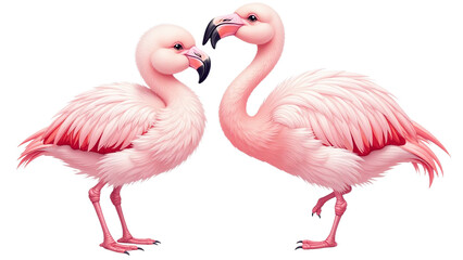 Fototapeta premium Two pink flamingos standing face to face, vibrant feathers, playful interaction, social media friendly, isolated on white background for marketing campaigns, advertising, and branding materials