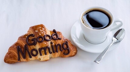 a cup of coffee and a croissant with the inscription "Good morning" on a white background