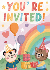 Fototapeta premium Cheerful Party Invitation with Balloon-Holding Cartoon Animals