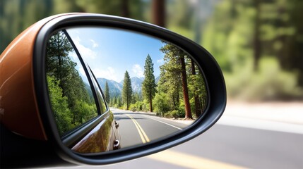 Fototapeta premium A scenic forest road is reflected in a car's side mirror, highlighting a journey through nature with trees, mountains, and a clear sky.