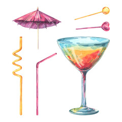 Watercolor illustration of tropical cocktail elements: colorful drink in a glass, cocktail umbrella, drinking straws, and decorative stirrers. Perfect for summer design, bar menu, party decor, print