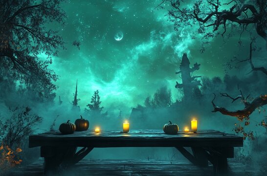 High-resolution 8K vector illustration combined with a real photo showcases Halloween pumpkins on a wooden table. The background features a green aurora sky, Halloween decorations, glowing candles, an