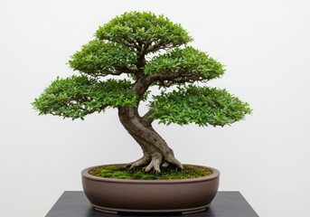 A bonsai tree in a ceramic brown pot isolated on gray background