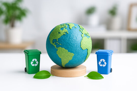 Conceptual globle sustainability is shown with globe, recycling bins and green leaves, promoting environmental responsibility and eco friendly