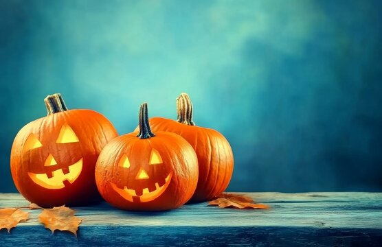 Highly detailed and realistic raw high-resolution stock photo of Halloween pumpkins placed on a wooden table against a blue background. This image embodies the Halloween concept, serving as an ideal H