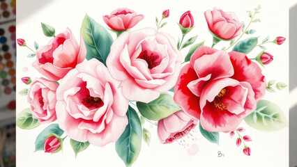 Fototapeta premium acuarela pintando flores en tonos rosas, rojos y verdes sobre lienzo b
