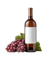 Obraz premium Isolated transparent Wine bottle red grape blend for elegant tasting A bottle of rosé wine next to a cluster of red grapes and green foliage.