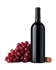 Obraz premium Isolated transparent Wine bottle red grape blend for elegant tasting Bottle of red wine beside a cluster of grapes with a cork.