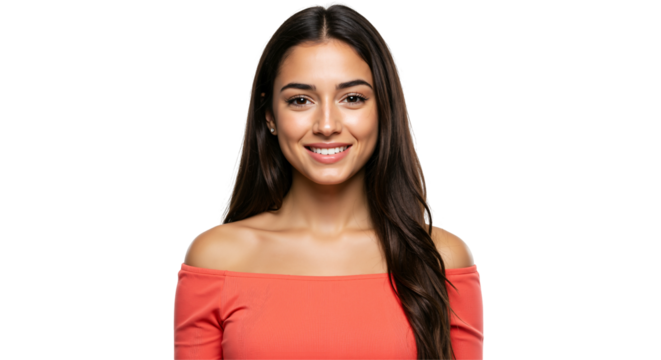 Young Hispanic Woman with Long Dark Hair and Warm Smile Posing Against a Black Background, Showcasing Confidence and Charm in a Casual Setting