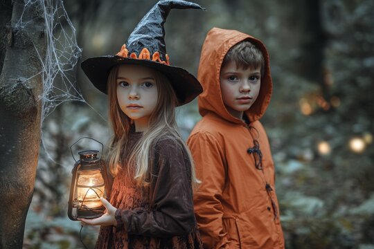 Cinematically - lit photograph captures two children in Halloween costumes in a spooky woods setting. A girl in a witch's hat holds lanterns, and a boy in an orange hooded jacket stands beside her.