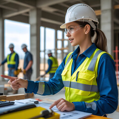 women under construction workers in warehouse