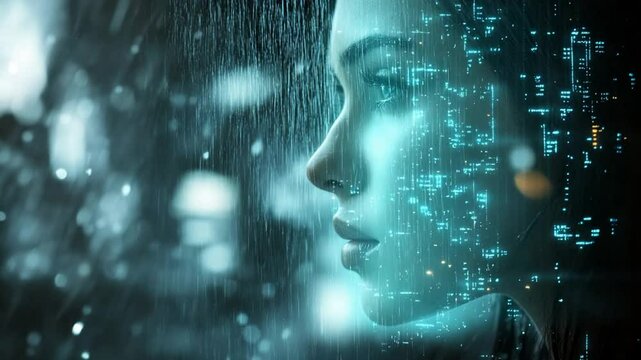 Woman's profile blending with technology, city lights under rain, reflecting future
