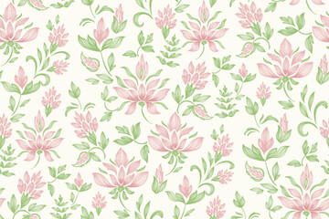Vintage floral ethnic tapestry modern embroidery texture boho design vector illustration hand drawn silhouette white flower motif branches leaves wallpaper seamless green pink lotus background border.