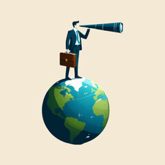 Vector illustration showing a businessman standing on top of the Earth while looking through a telescope, symbolizing global vision, future planning, and international business strategy.