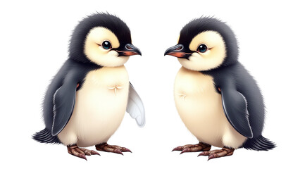 Obraz premium Adorable penguin twins standing side by side, cute black and white cartoon illustration, isolated on white background, perfect for marketing campaigns, social media posts