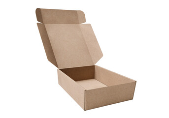 Open empty brown cardboard box, transparent background