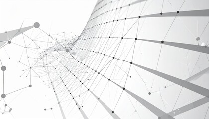 An abstract white background featuring a complex network of interconnected dots and lines forming a three-dimensional, flowing structure, suggestive of technology and science.