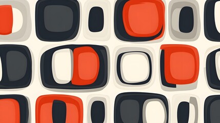 Abstract geometric pattern of squares and circles in red, black, and gray.