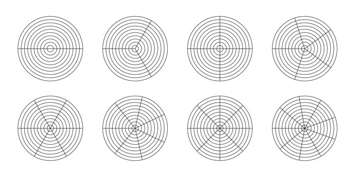 Polar coordinate grids divided into 2-9 sectors and 10 circles. Set of concentric meshes with different angles. Radar scheme. Vector illustration.