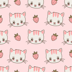 cute hand drawn cartoon character white and pink cat and strawberry seamless vector pattern illustration on pink background