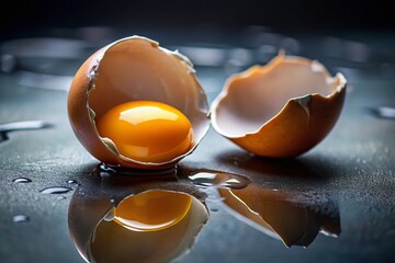 Broken Egg on Mirror: Aerial Close-up Stock Photo