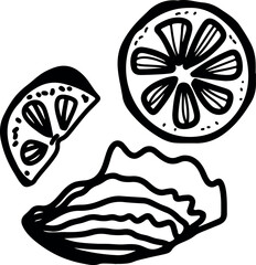  Oysters and wine, drawing, engraving, ink, line art, vector