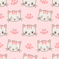 cute hand drawn cartoon character white and pink cat and paw prints seamless vector pattern illustration on pink background