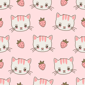 cute hand drawn cartoon character white and pink cat and strawberry seamless vector pattern illustration on pink background