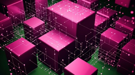 Obraz premium 3D cubes in magenta with dark green background, simple vector graphic design showing flat geometric forms and black dots indicating connections between blocks, emphasizing minimalism.