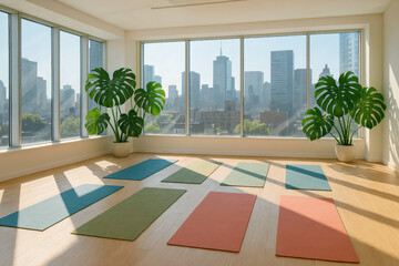 Fototapeta premium Bright yoga studio with colorful mats and large windows overlooking a city skyline, offering a calm, modern space for wellness and group practice